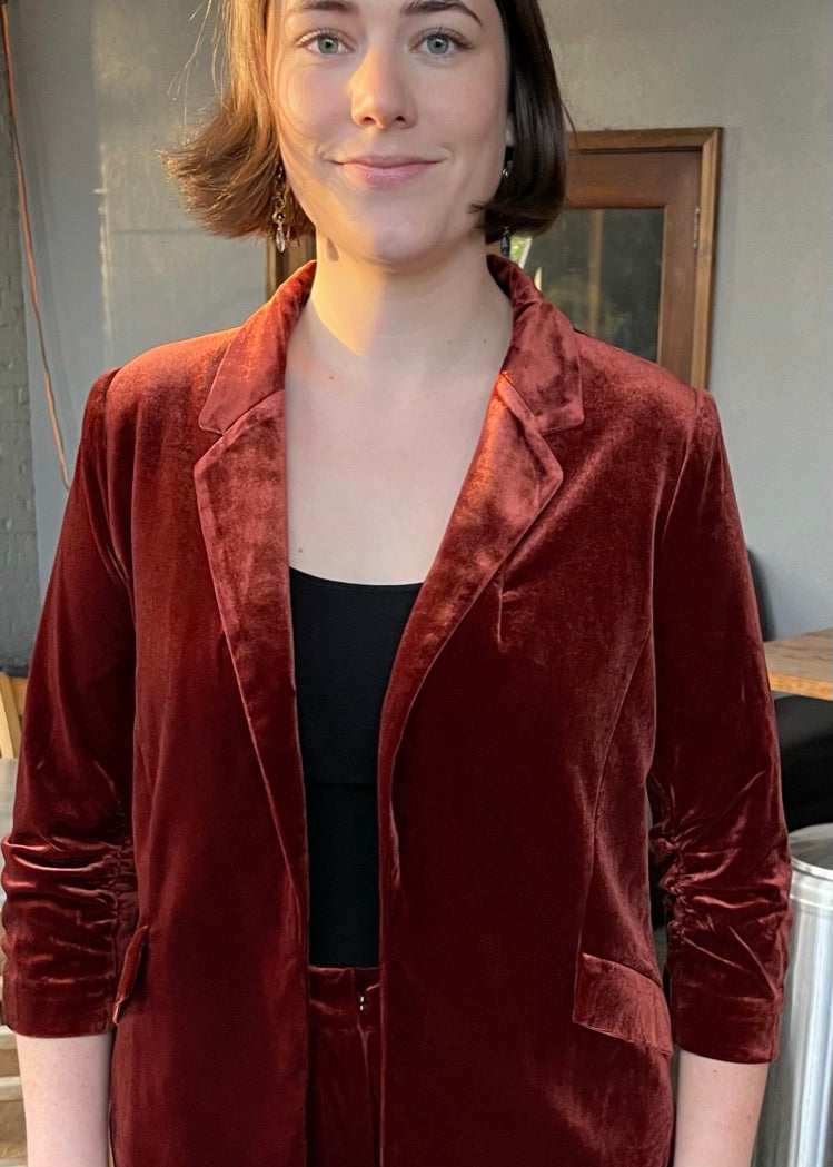 Ruche Sleeve Velvet Blazer